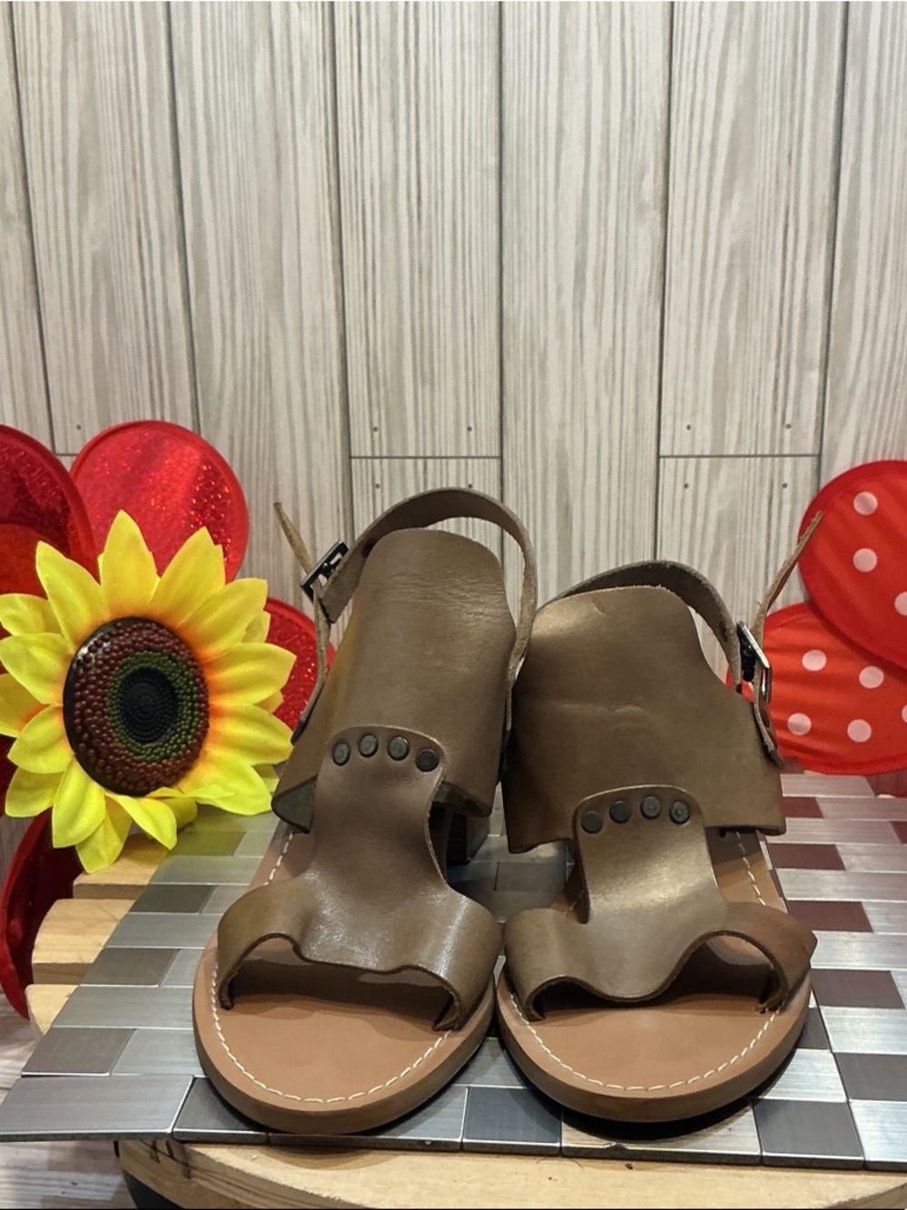 Barbara Barbieri Brown Stud-Detail Leather Slingback Sandals
